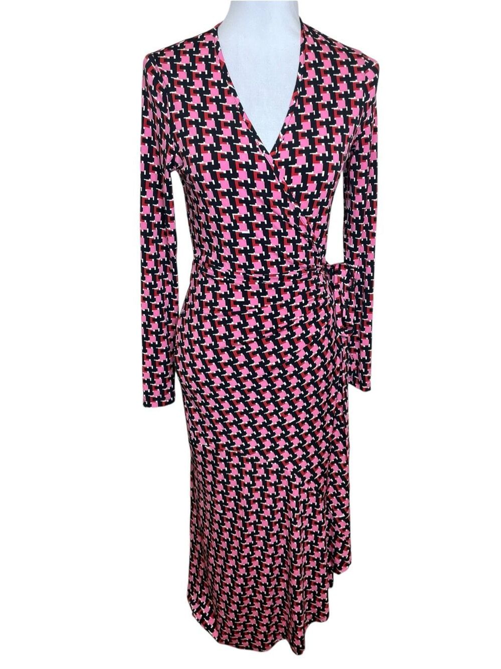 Anthropologie Yumi Kim Sabine Geometric Asymmetrical Wrap Dress Pink and Red Siz